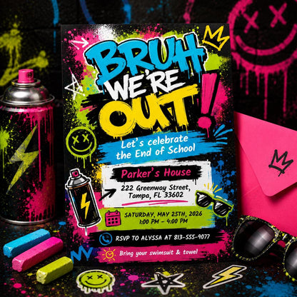 Bruh We Out End of Year Party Digital Download Invitation Template, Hello Summer School Party, School's Out Party Invite Canva Template __etsy:8078740385