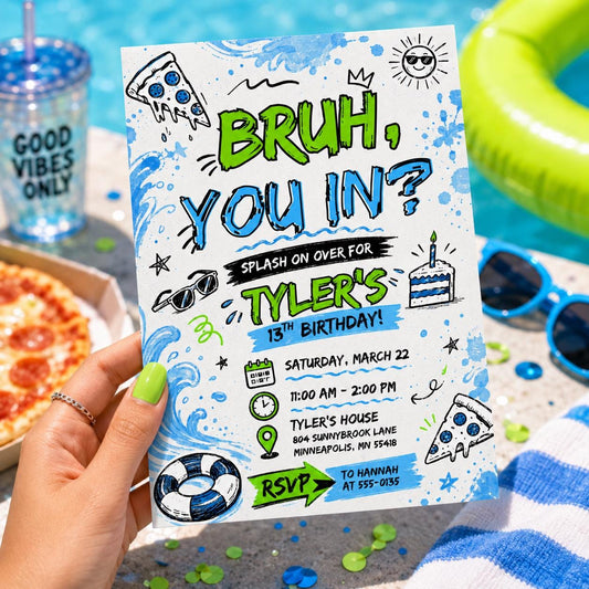 Bruh You In Birthday Invitation, Editable Teen Pool Party Invite, Boy 13th Birthday Doodle Theme Template, Printable Pool Party __etsy:8177821921