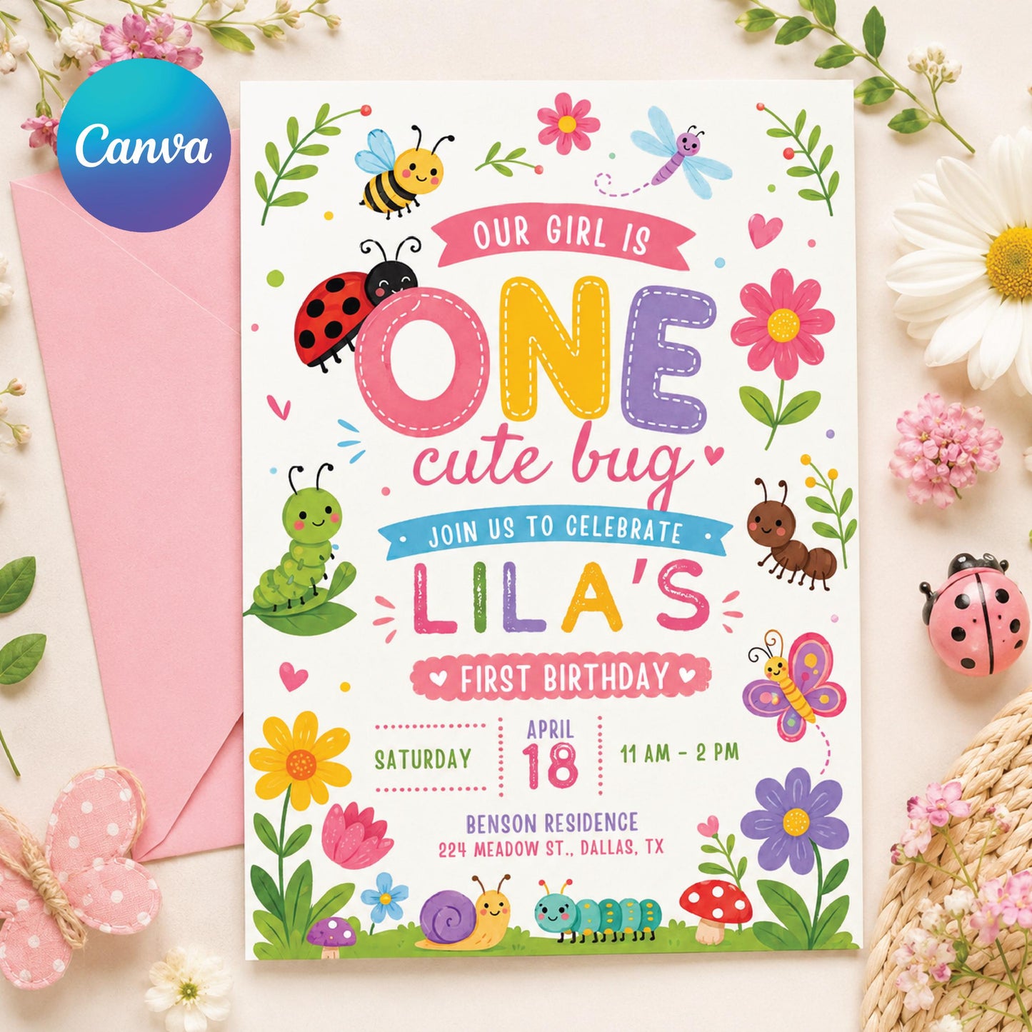 Bug First Birthday, One Little Love Bug Birthday Invitation, Caterpillar Lady Bug Invite, Spring Garden Party Template, Wildflower Canva __etsy:8019908386