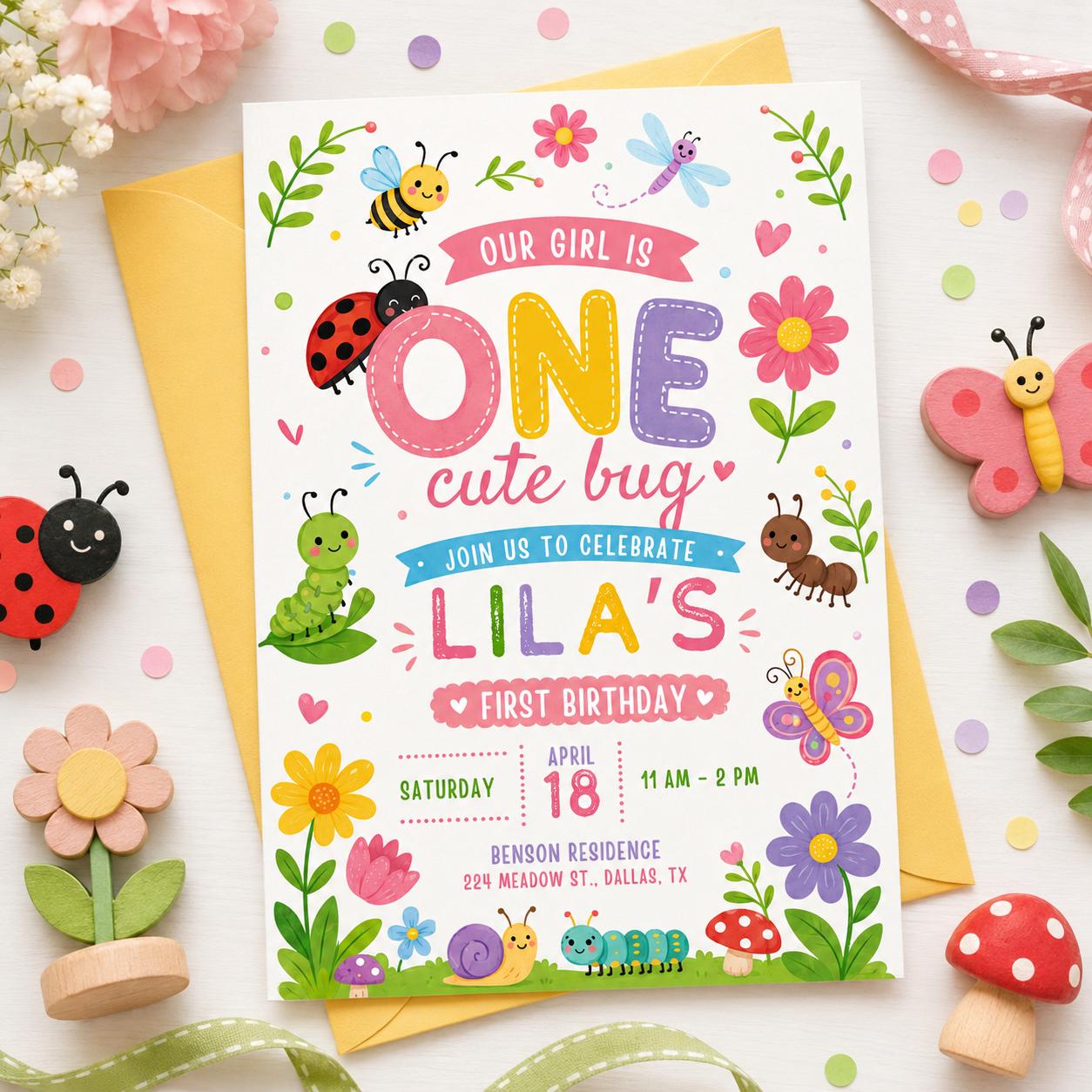 Bug First Birthday, One Little Love Bug Birthday Invitation, Caterpillar Lady Bug Invite, Spring Garden Party Template, Wildflower Canva __etsy:8067811427