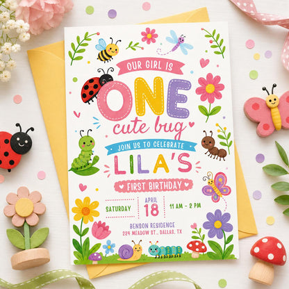 Bug First Birthday, One Little Love Bug Birthday Invitation, Caterpillar Lady Bug Invite, Spring Garden Party Template, Wildflower Canva __etsy:8067811427