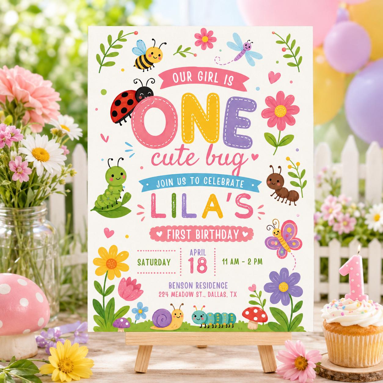 Bug First Birthday, One Little Love Bug Birthday Invitation, Caterpillar Lady Bug Invite, Spring Garden Party Template, Wildflower Canva __etsy:8067814201