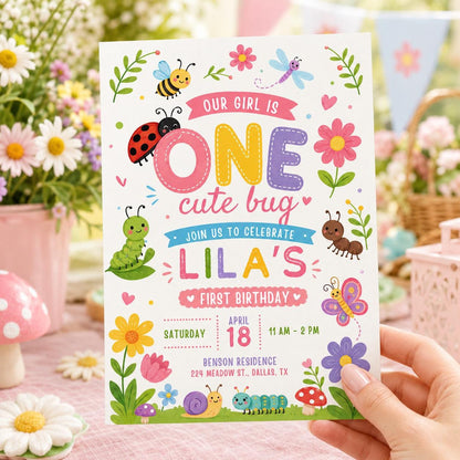 Bug First Birthday, One Little Love Bug Birthday Invitation, Caterpillar Lady Bug Invite, Spring Garden Party Template, Wildflower Canva __etsy:8067811423