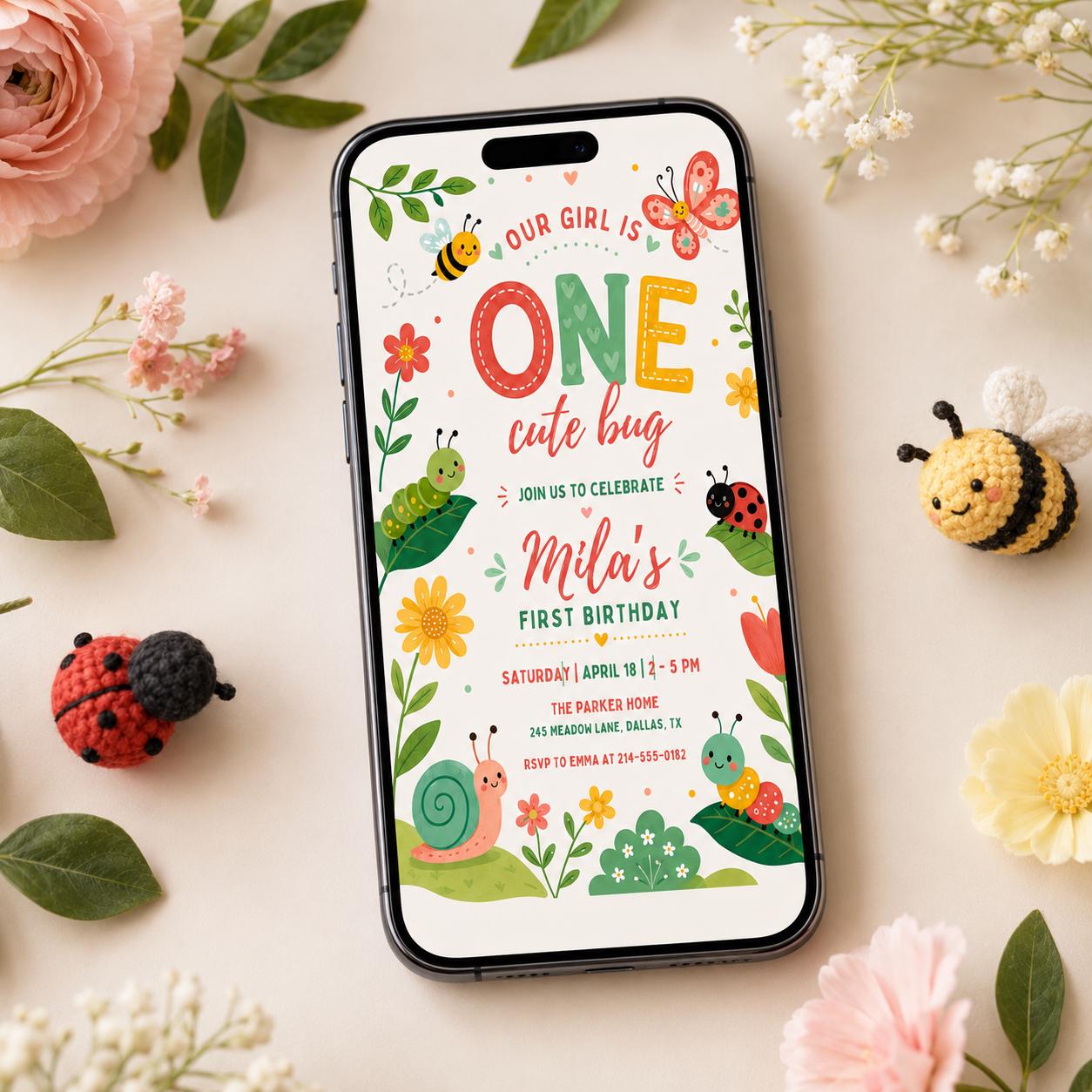 Bug First Birthday, One Little Love Bug Birthday Invitation, Caterpillar Lady Bug Invite, Spring Garden Party Template, Wildflower Canva __etsy:8036678362