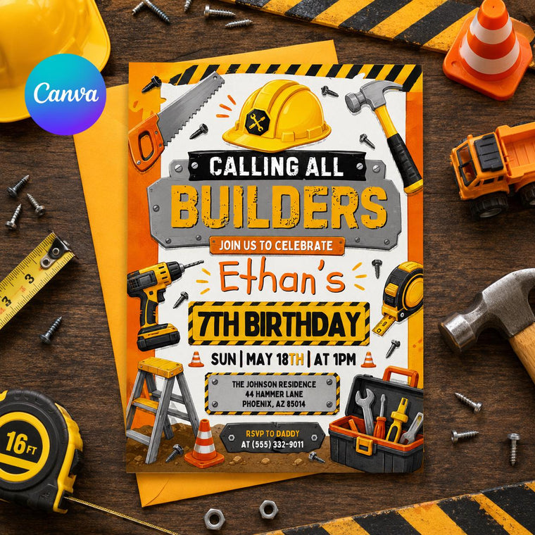 Construction Builder Birthday Invitation for Boys