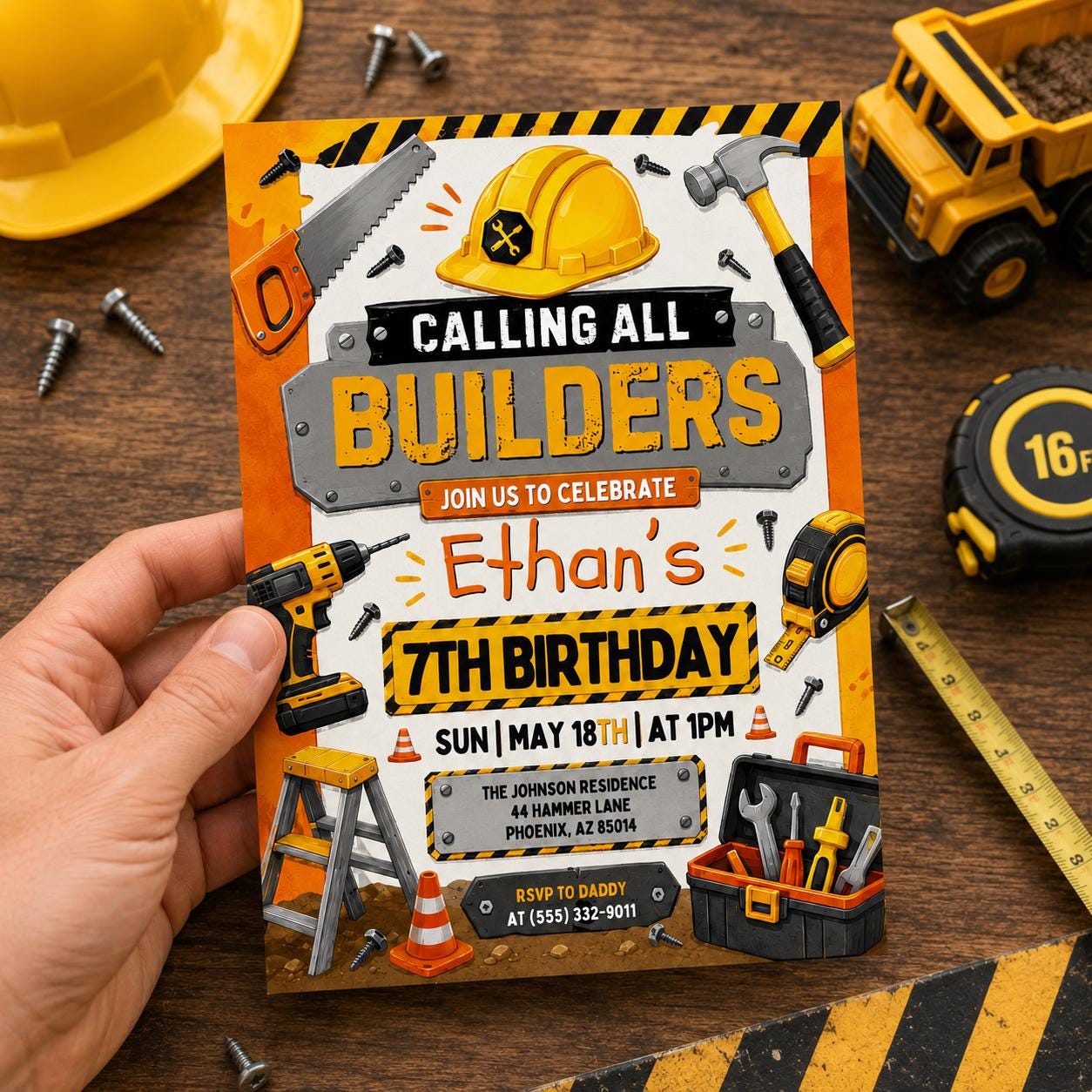 Builder Birthday Invitation, Editable Construction Party Invite,Handyman Builders Boy Birthday Invite, Carpenter Build a Party Boy, Canva __etsy:8075092101