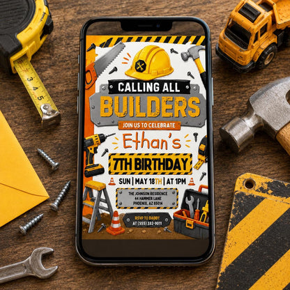 Builder Birthday Invitation, Editable Construction Party Invite,Handyman Builders Boy Birthday Invite, Carpenter Build a Party Boy, Canva __etsy:8027177492