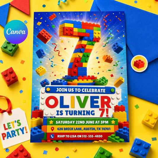Building Blocks 7th Birthday Invitation, Block Party Invite, Colorful Brick Birthday Party Template, Editable Printable Kids Invitation __etsy:8078784739