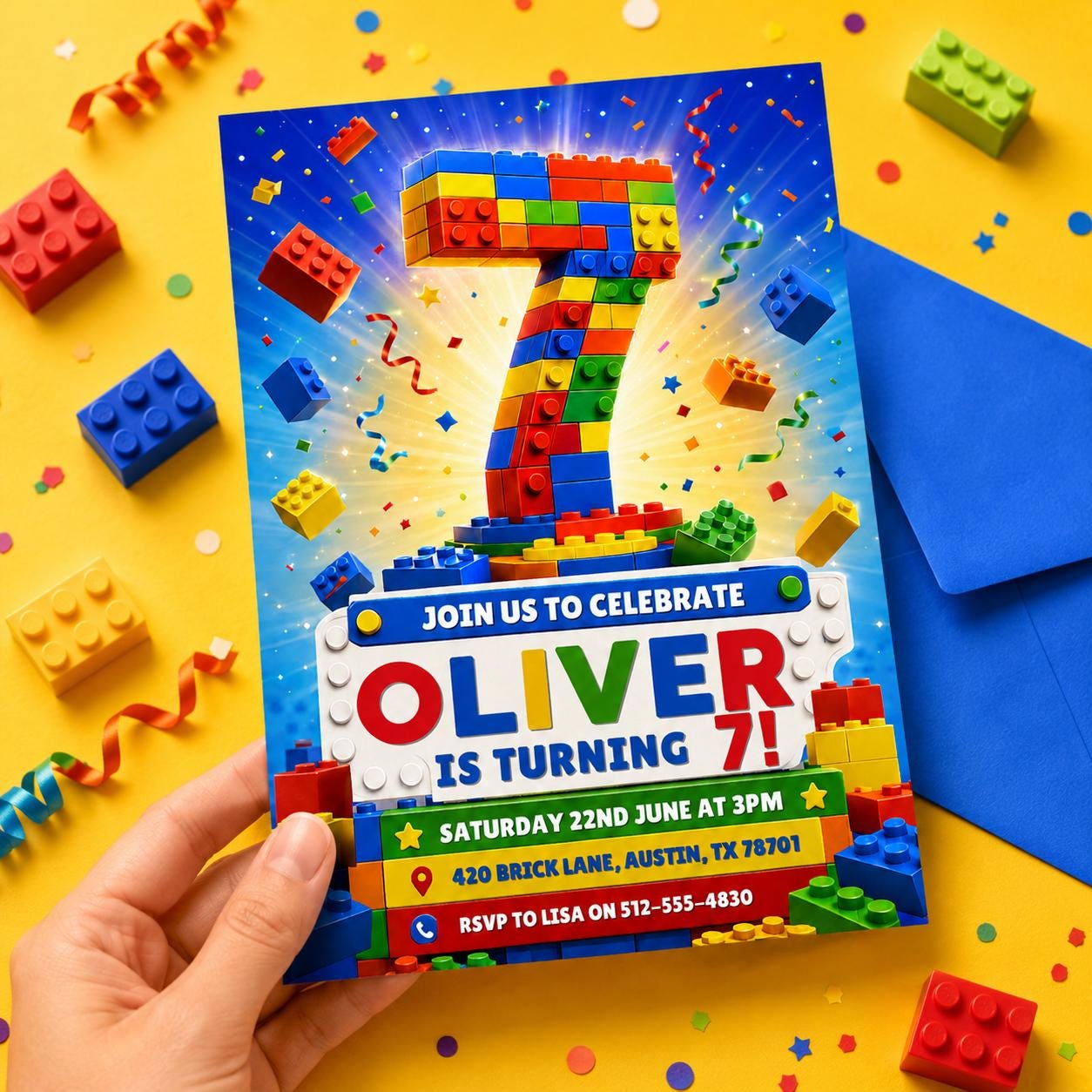 Building Blocks 7th Birthday Invitation, Block Party Invite, Colorful Brick Birthday Party Template, Editable Printable Kids Invitation __etsy:8030874312