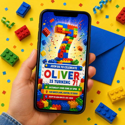 Building Blocks 7th Birthday Invitation, Block Party Invite, Colorful Brick Birthday Party Template, Editable Printable Kids Invitation __etsy:8078784033