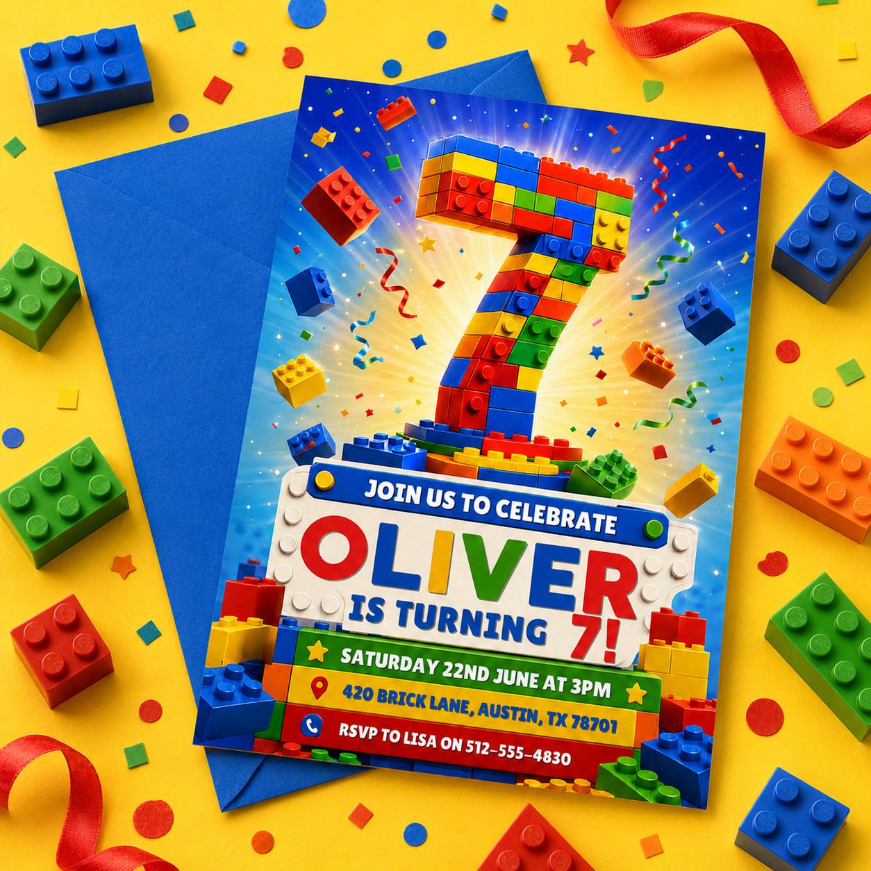 Building Blocks 7th Birthday Invitation, Block Party Invite, Colorful Brick Birthday Party Template, Editable Printable Kids Invitation __etsy:8030874518