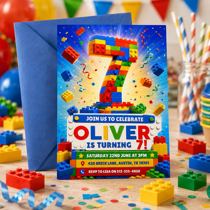 Building Blocks 7th Birthday Invitation, Block Party Invite, Colorful Brick Birthday Party Template, Editable Printable Kids Invitation __etsy:8030874554