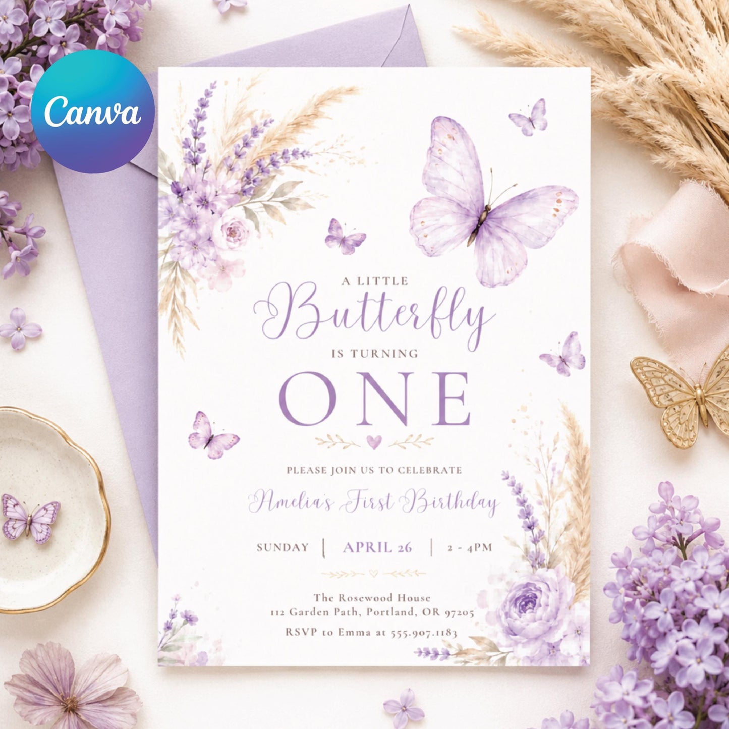 Butterfly First Birthday Invitation, Baby Girl 1st Birthday Editable Invite Template, Butterflies and Flowers Party Printable Canva Template __etsy:8070262375