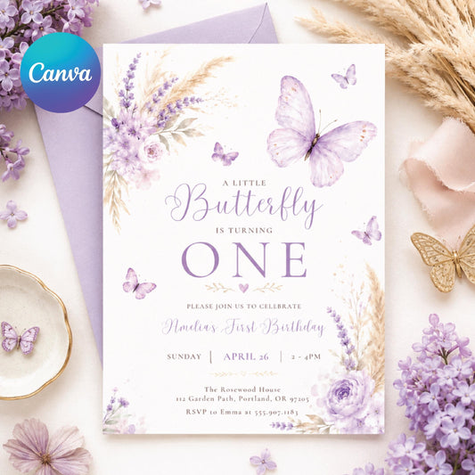 Butterfly First Birthday Invitation, Baby Girl 1st Birthday Editable Invite Template, Butterflies and Flowers Party Printable Canva Template __etsy:8070262375
