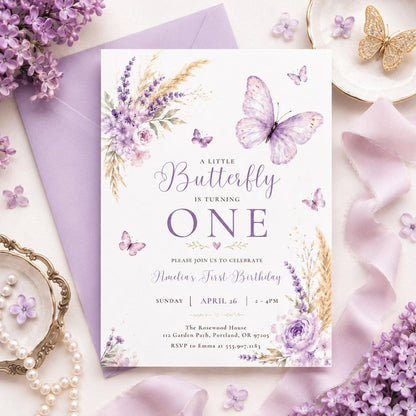 Butterfly First Birthday Invitation, Baby Girl 1st Birthday Editable Invite Template, Butterflies and Flowers Party Printable Canva Template __etsy:8022315254