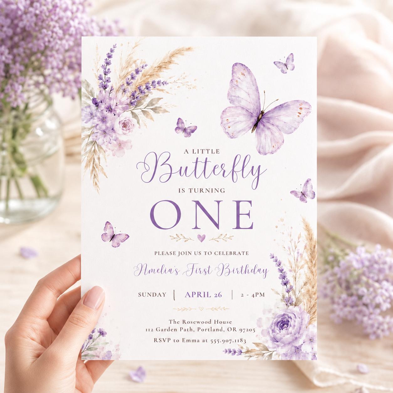 Butterfly First Birthday Invitation, Baby Girl 1st Birthday Editable Invite Template, Butterflies and Flowers Party Printable Canva Template __etsy:8022315226