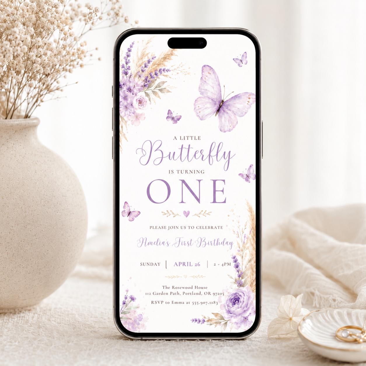 Butterfly First Birthday Invitation, Baby Girl 1st Birthday Editable Invite Template, Butterflies and Flowers Party Printable Canva Template __etsy:8070231087