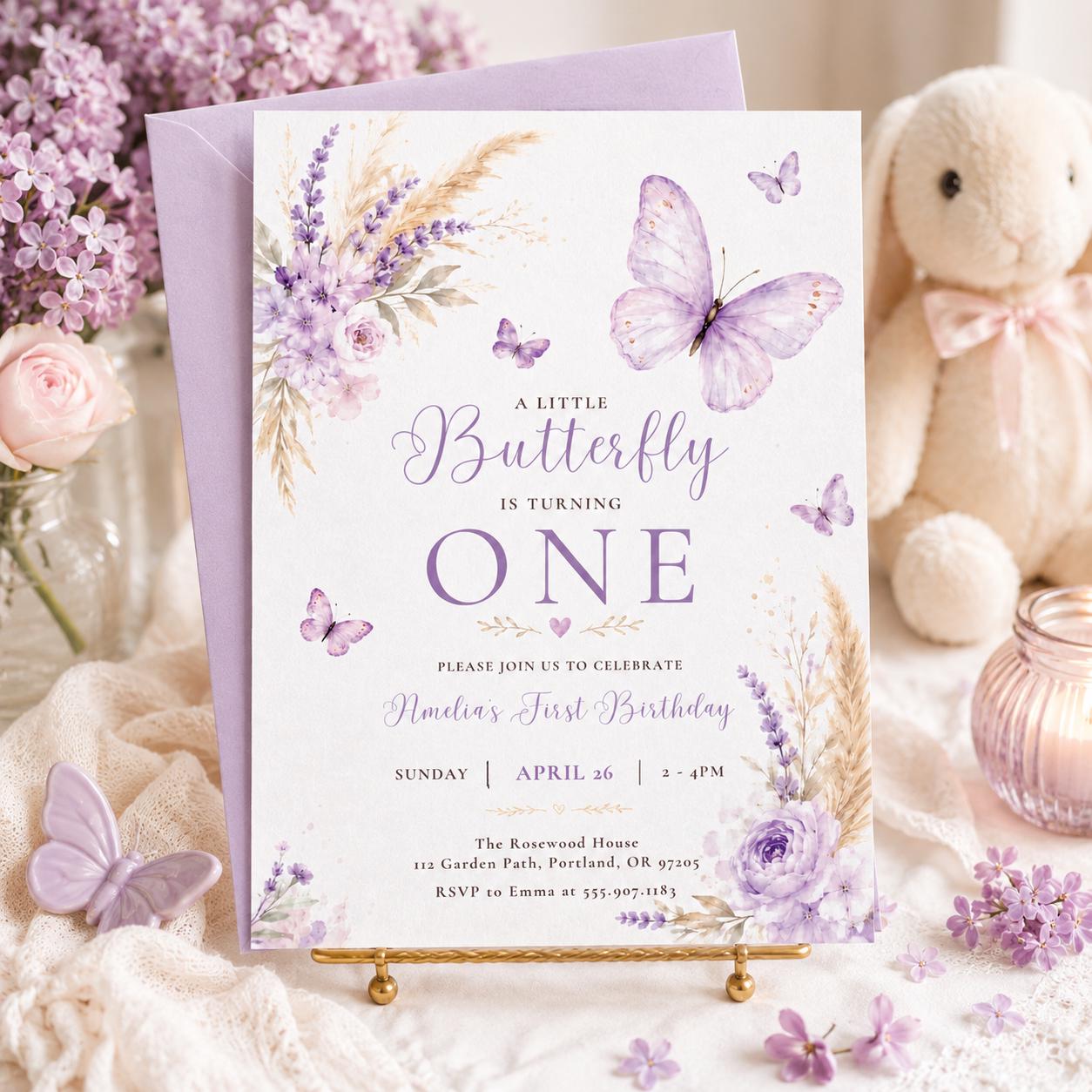 Butterfly First Birthday Invitation, Baby Girl 1st Birthday Editable Invite Template, Butterflies and Flowers Party Printable Canva Template __etsy:8070231095