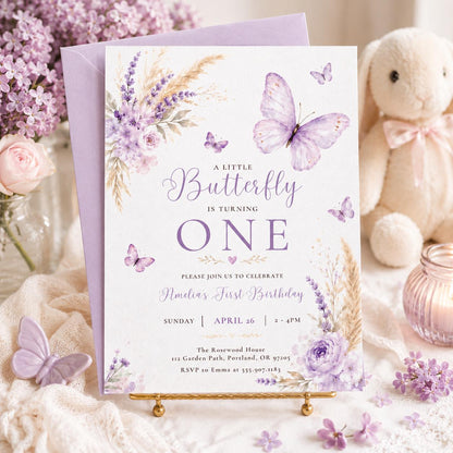Butterfly First Birthday Invitation, Baby Girl 1st Birthday Editable Invite Template, Butterflies and Flowers Party Printable Canva Template __etsy:8070231095