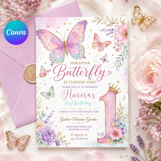 Butterfly First Birthday Invitation, Purple Floral Girl Party Template (Digital Download) __etsy:7995715894
