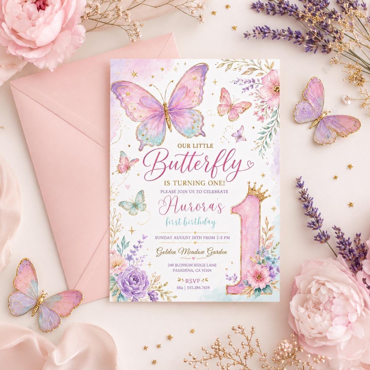 Butterfly First Birthday Invitation, Purple Floral Girl Party Template (Digital Download) __etsy:8043648763