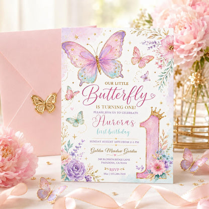 Butterfly First Birthday Invitation, Purple Floral Girl Party Template (Digital Download) __etsy:7995715978