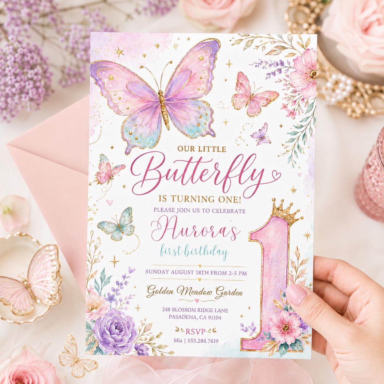 Butterfly First Birthday Invitation, Purple Floral Girl Party Template (Digital Download) __etsy:7995715996