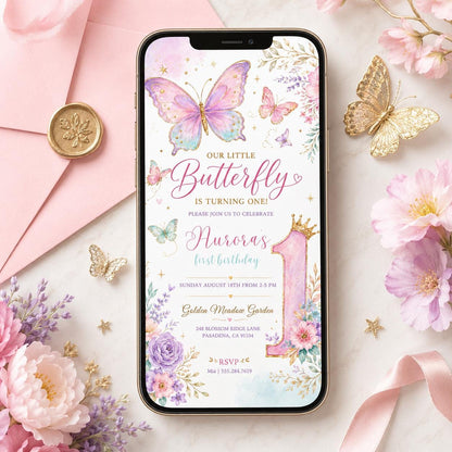 Butterfly First Birthday Invitation, Purple Floral Girl Party Template (Digital Download) __etsy:7995716244