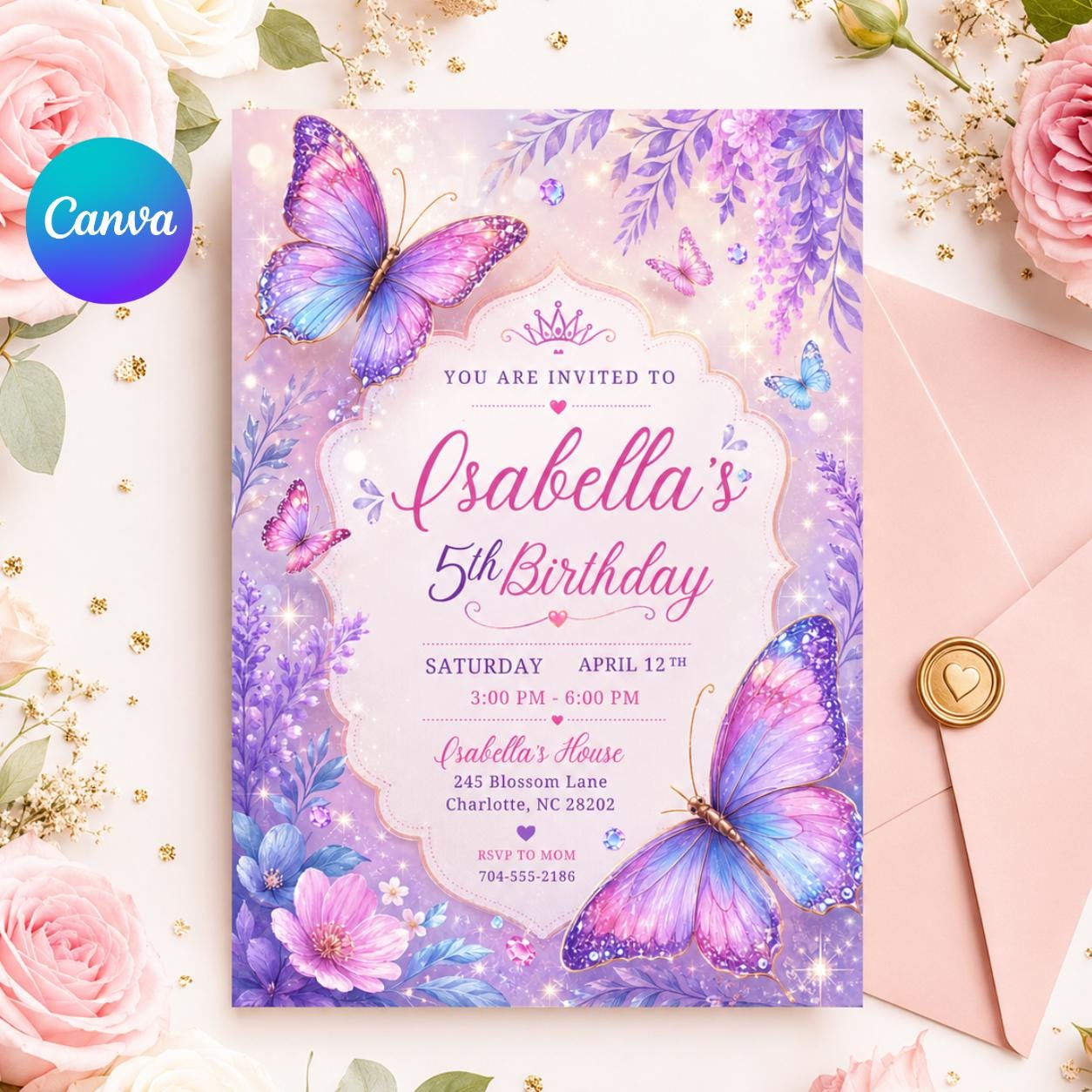 Butterfly Invite, Pink Butterfly Birthday Invitation, Girl Butterfly Party, Fairy 1st Birthday, Editable Canva Template __etsy:8051499895