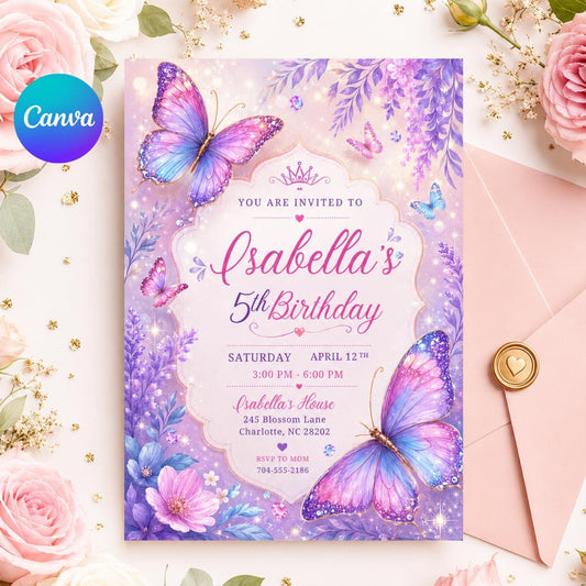 Butterfly Invite, Pink Butterfly Birthday Invitation, Girl Butterfly Party, Fairy 1st Birthday, Editable Canva Template __etsy:8051499895