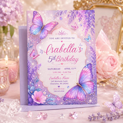 Butterfly Invite, Pink Butterfly Birthday Invitation, Girl Butterfly Party, Fairy 1st Birthday, Editable Canva Template __etsy:8051497215