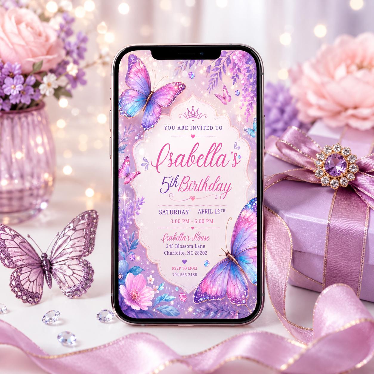 Butterfly Invite, Pink Butterfly Birthday Invitation, Girl Butterfly Party, Fairy 1st Birthday, Editable Canva Template __etsy:8051497217
