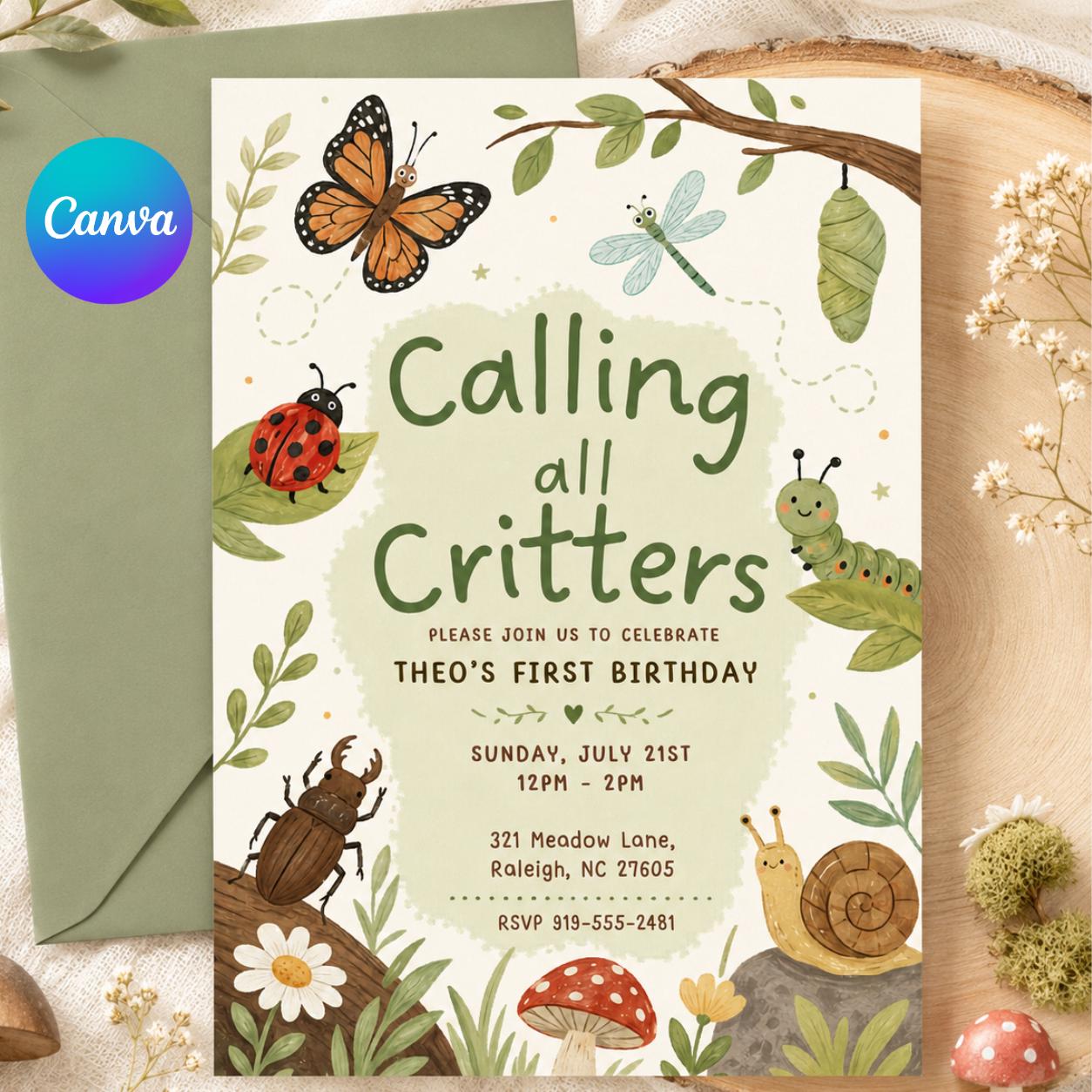 Calling All Critters First invite, Insect Bugs Birthday invite, Buzz Hop Crawl, Outdoor Invite Nature Theme Party, Bugs Birthday Invitation __etsy:8032186440