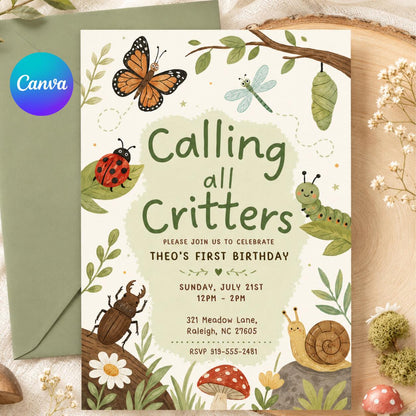 Calling All Critters First invite, Insect Bugs Birthday invite, Buzz Hop Crawl, Outdoor Invite Nature Theme Party, Bugs Birthday Invitation __etsy:8032186440