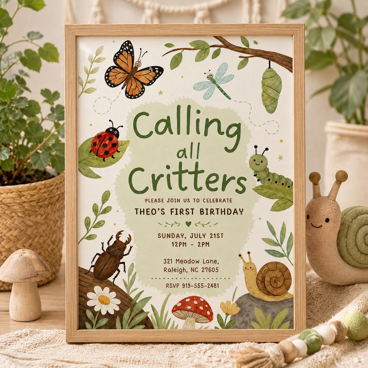 Calling All Critters First invite, Insect Bugs Birthday invite, Buzz Hop Crawl, Outdoor Invite Nature Theme Party, Bugs Birthday Invitation __etsy:8032181028