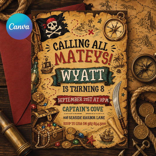 Calling All Mateys Pirate Birthday Invitation, Editable Pirate Party Invite, Pirate Treasure Map Kids, Editable Canva Template __etsy:8010753578