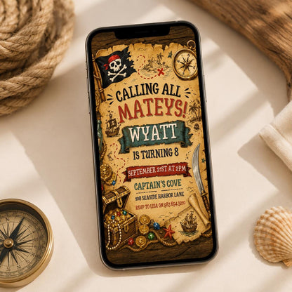 Calling All Mateys Pirate Birthday Invitation, Editable Pirate Party Invite, Pirate Treasure Map Kids, Editable Canva Template __etsy:8058661021