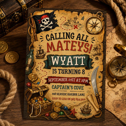 Calling All Mateys Pirate Birthday Invitation, Editable Pirate Party Invite, Pirate Treasure Map Kids, Editable Canva Template __etsy:8010747512