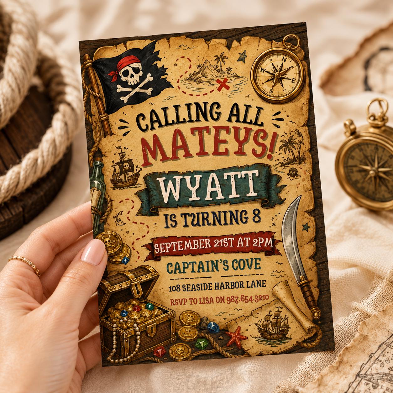Calling All Mateys Pirate Birthday Invitation, Editable Pirate Party Invite, Pirate Treasure Map Kids, Editable Canva Template __etsy:8058663229