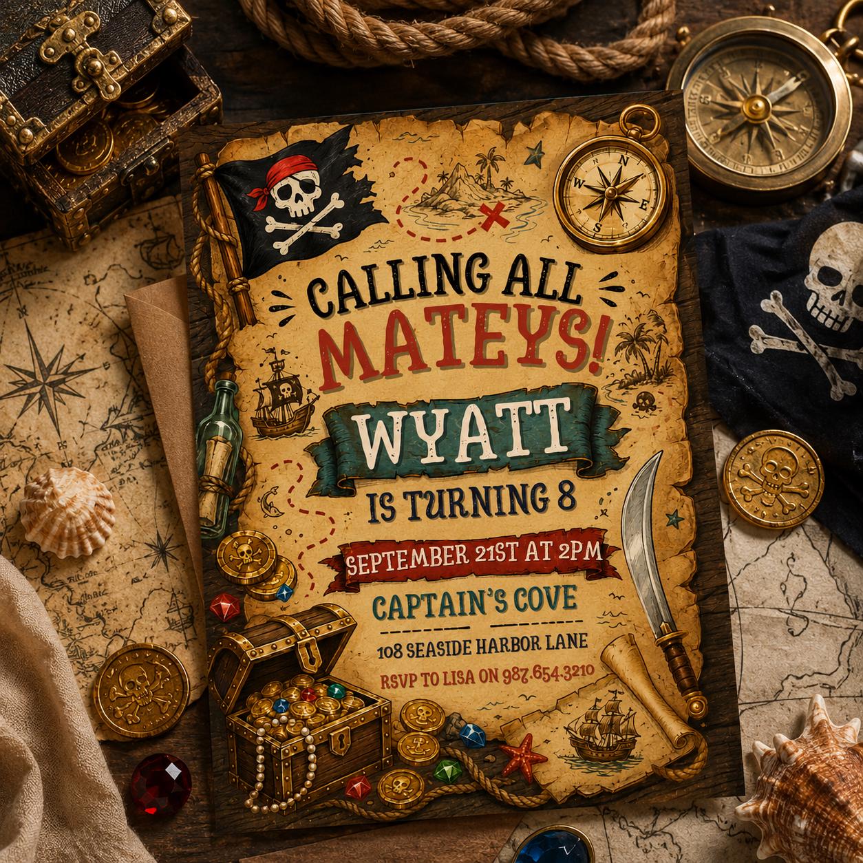 Calling All Mateys Pirate Birthday Invitation, Editable Pirate Party Invite, Pirate Treasure Map Kids, Editable Canva Template __etsy:8058663253