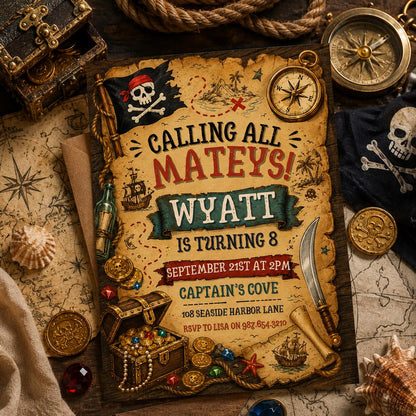 Calling All Mateys Pirate Birthday Invitation, Editable Pirate Party Invite, Pirate Treasure Map Kids, Editable Canva Template __etsy:8058663253
