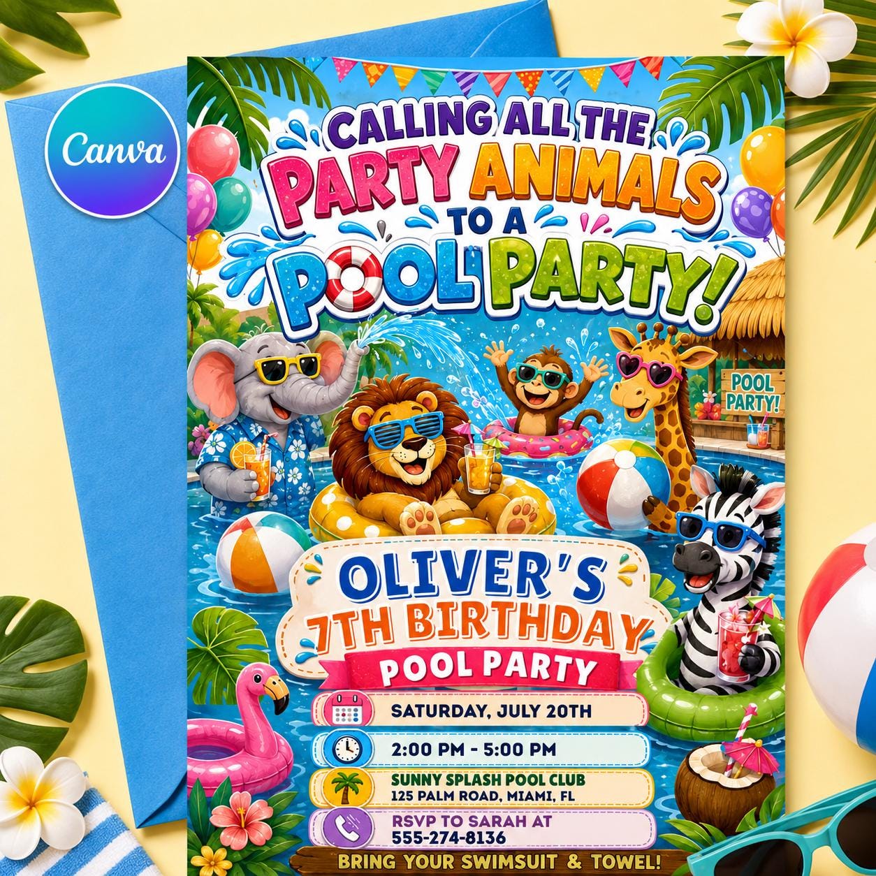 Calling All Party Animals Invitation, Party Animal Celebration Kids Birthday, Pool Party Birthday Party Invitation Template, Canva Template __etsy:8056123034
