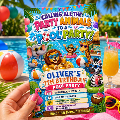 Calling All Party Animals Invitation, Party Animal Celebration Kids Birthday, Pool Party Birthday Party Invitation Template, Canva Template __etsy:8056123066