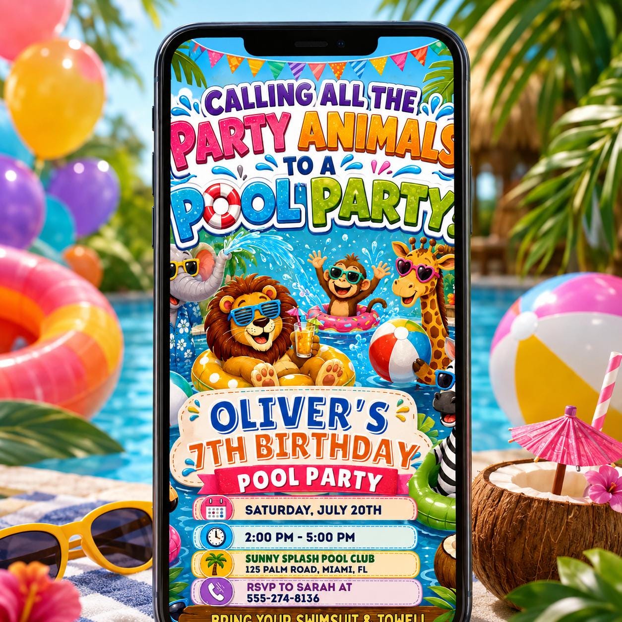 Calling All Party Animals Invitation, Party Animal Celebration Kids Birthday, Pool Party Birthday Party Invitation Template, Canva Template __etsy:8056123062