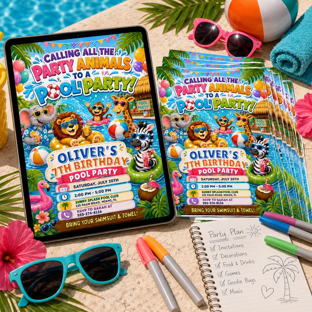 Calling All Party Animals Invitation, Party Animal Celebration Kids Birthday, Pool Party Birthday Party Invitation Template, Canva Template __etsy:8104034823