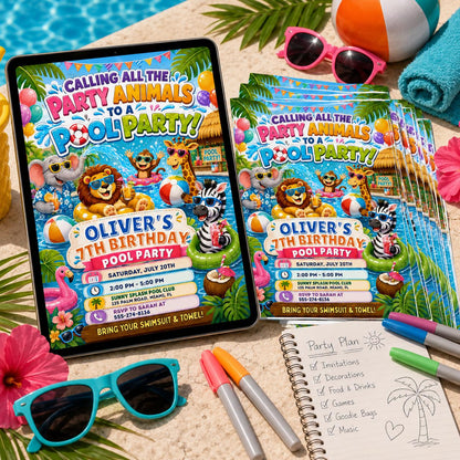 Calling All Party Animals Invitation, Party Animal Celebration Kids Birthday, Pool Party Birthday Party Invitation Template, Canva Template __etsy:8104034823