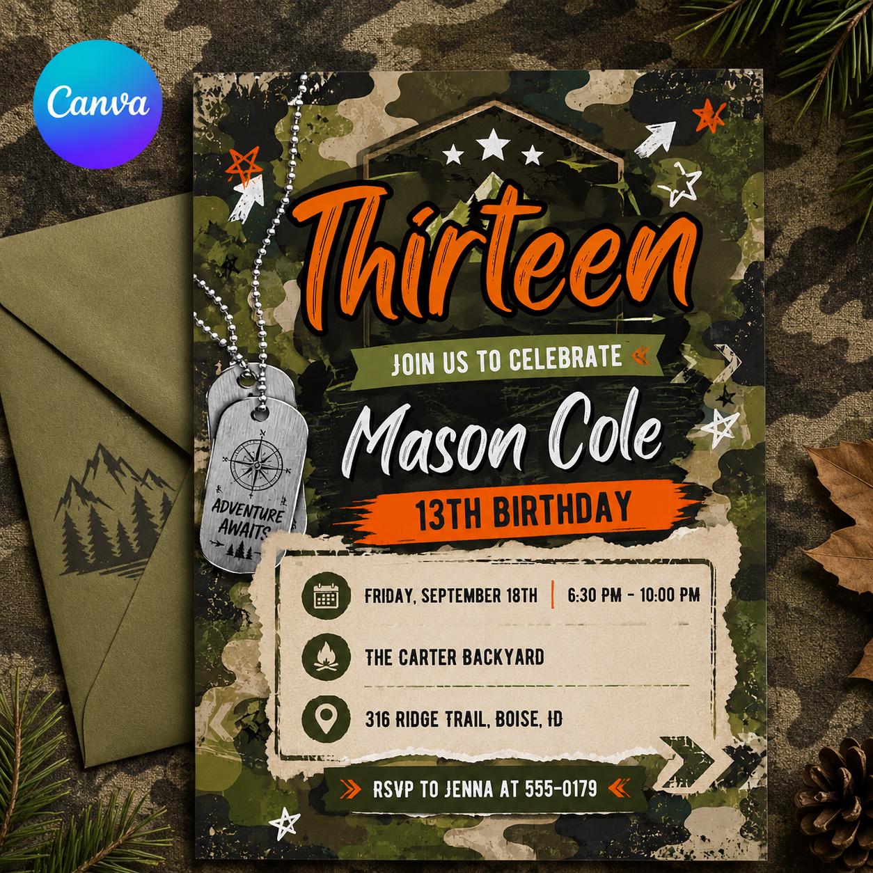 Camo Adventure invitation, Army Birthday Party Invitation, Camo Soldier Evite,  Hunting Birthday Invite Boy  Birthday Invite, Canva Template __etsy:8074233894
