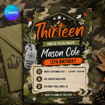 Camo Adventure invitation, Army Birthday Party Invitation, Camo Soldier Evite,  Hunting Birthday Invite Boy  Birthday Invite, Canva Template __etsy:8074233894
