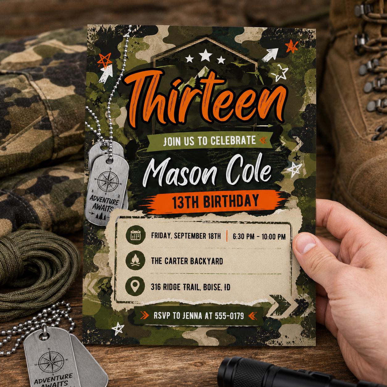 Camo Adventure invitation, Army Birthday Party Invitation, Camo Soldier Evite,  Hunting Birthday Invite Boy  Birthday Invite, Canva Template __etsy:8122151855