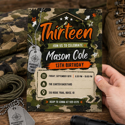 Camo Adventure invitation, Army Birthday Party Invitation, Camo Soldier Evite,  Hunting Birthday Invite Boy  Birthday Invite, Canva Template __etsy:8122151855